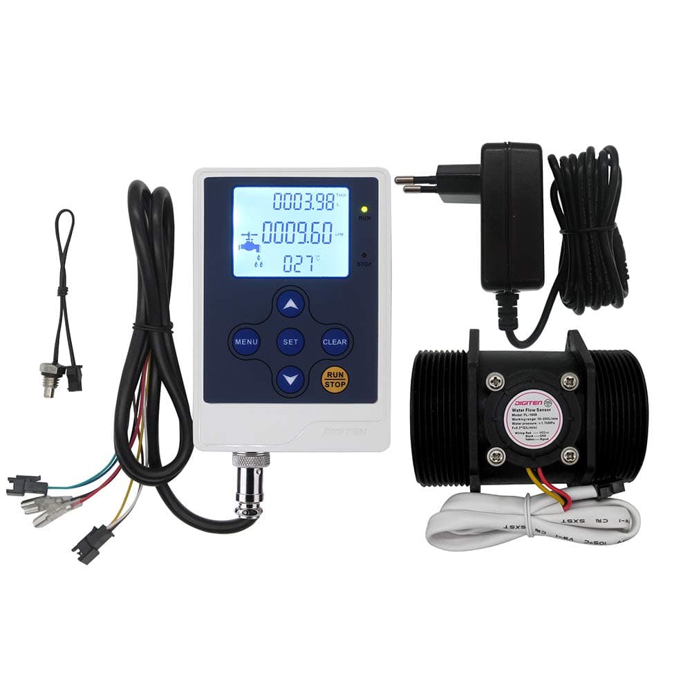 LCD Display Water Flow Control Meter Liquid Quantitative Controller + G2" 2 inch Water Flow Hall Sensor Meter Flowmeter Control 10-200L/min + DC 12V Power Adapter