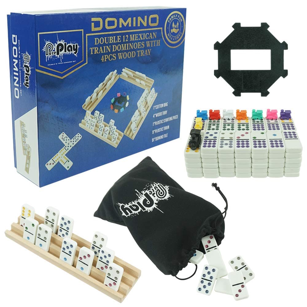 PUREPLAY Mexican Train Dominoes Set - Double 12 Colored Dot Dominoes - Includes 91 Tiles with 9 Trains, 4 Wooden Trays and Storage Bag for 2-8 Players Ages 8+