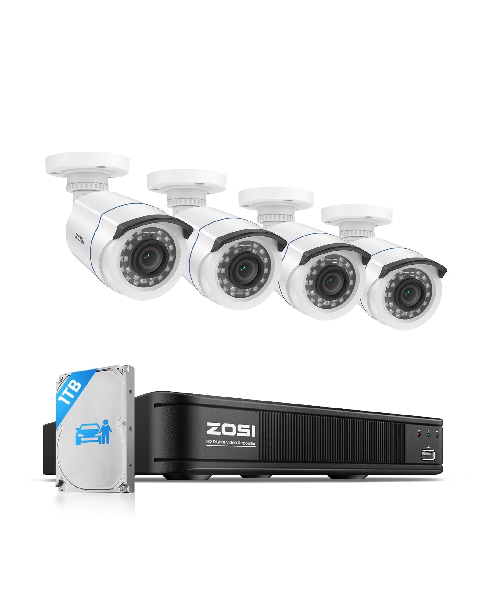 ZOSI H.265+ Full 1080p Home Security Camera System Outdoor Indoor, 5MP-Lite CCTV DVR 8 Channel with AI Human Vehicle Detection, 4 x 1080p Weatherproof Surveillance Camera, 80ft Night Vision, 1TB HDD