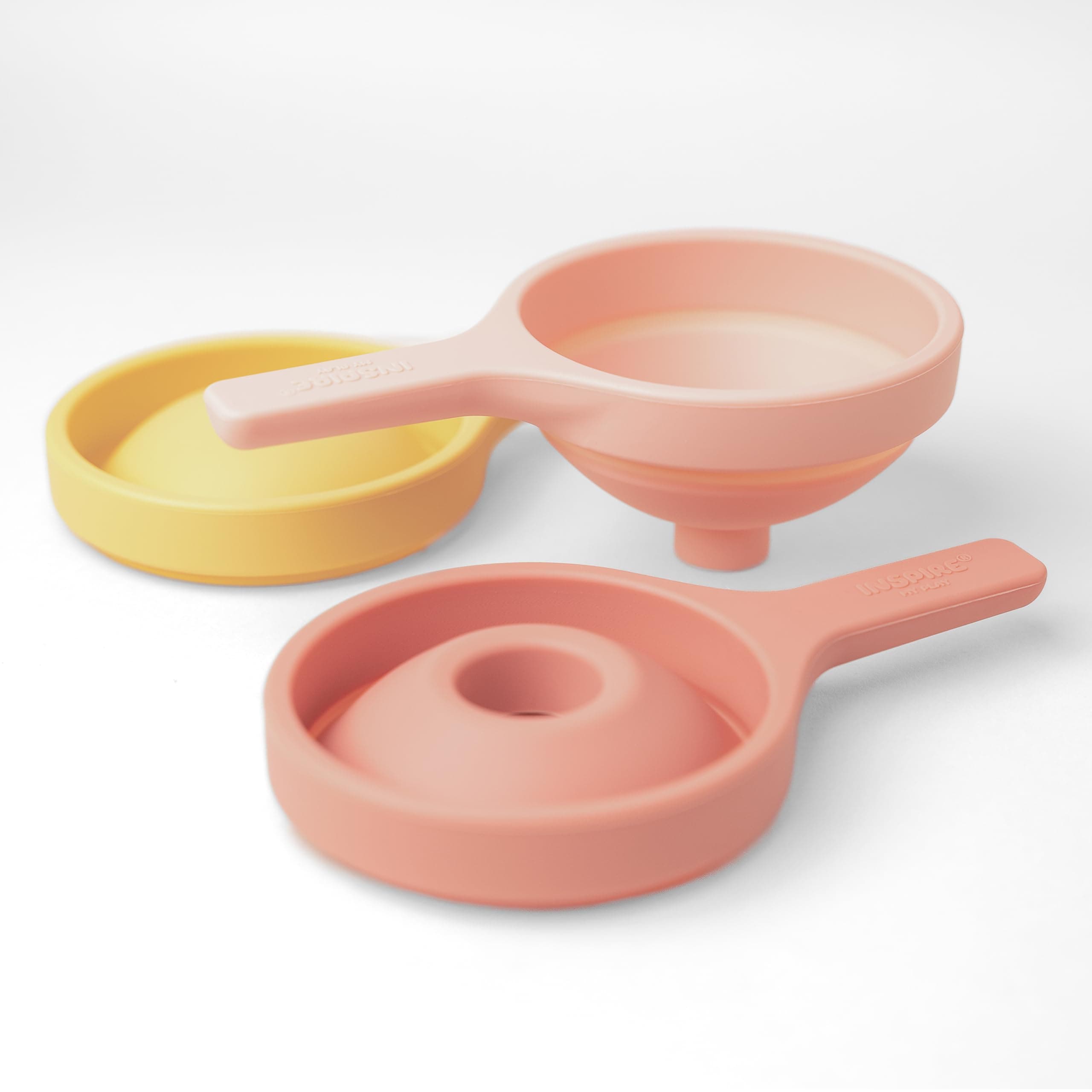 Inspire My Play 3 x Coral Silicone Collapsible Funnels for Kids - Sensory Play Funnel Toys for Kids - Pouring Toys for Toddlers - Food Safe Sensory Bin Tools and Accessories