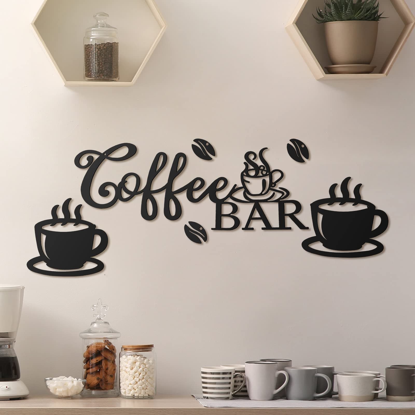 Coffee Bar Rustic Metal Sign Rustic Coffee Bar Hanging Wall Decor Coffee Signs for Coffee Bar Metal Coffee Wall Art for Coffee Bar Home Office Kitchen (Coffee Bar, Bean and Cup Style)