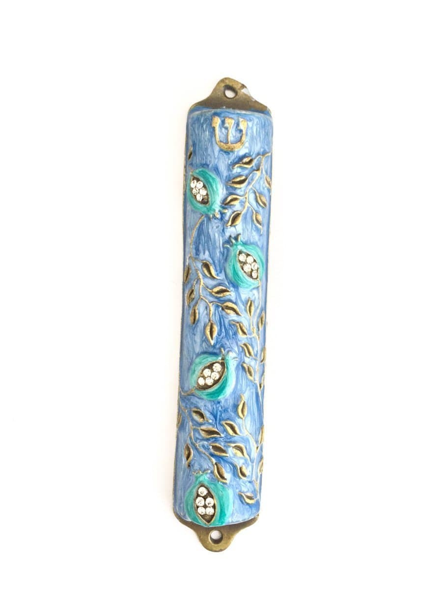 Bless This House, Mezuzah Case - Mezuzah Cover, Pomegranate Tree Design Crafted in Heavy Brass, Jerusalem Judaica, Israel, Door Mezuza Case 4" (Blue)