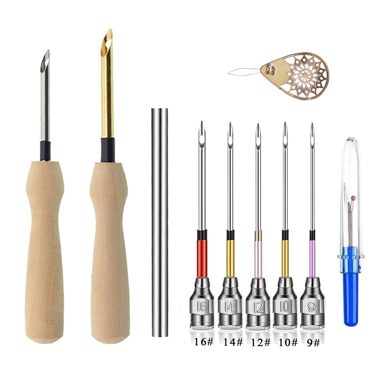 NOTIONSLAND Punch Needle Tool, 10 Pcs Punch Needle Wooden Handle Embroidery Pens Seam Ripper Scissors Threader for Embroidery Floss Cross Stitching Beginners