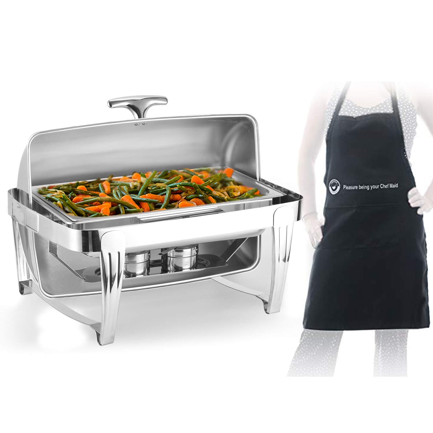 Deluxe High End Stainless Steel Chafer with Roll Top, 8 Quart Chafing Dish Set With BONUS FREE CHEFS APRON