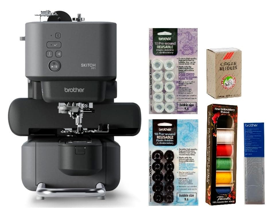 Brother PP1 Skitch Single-Needle Embroidery Machine and 6-Piece Thread Set, 20 Bobbins, 100-Piece 75/11 Embroidery Needles, Stabilizer Roll