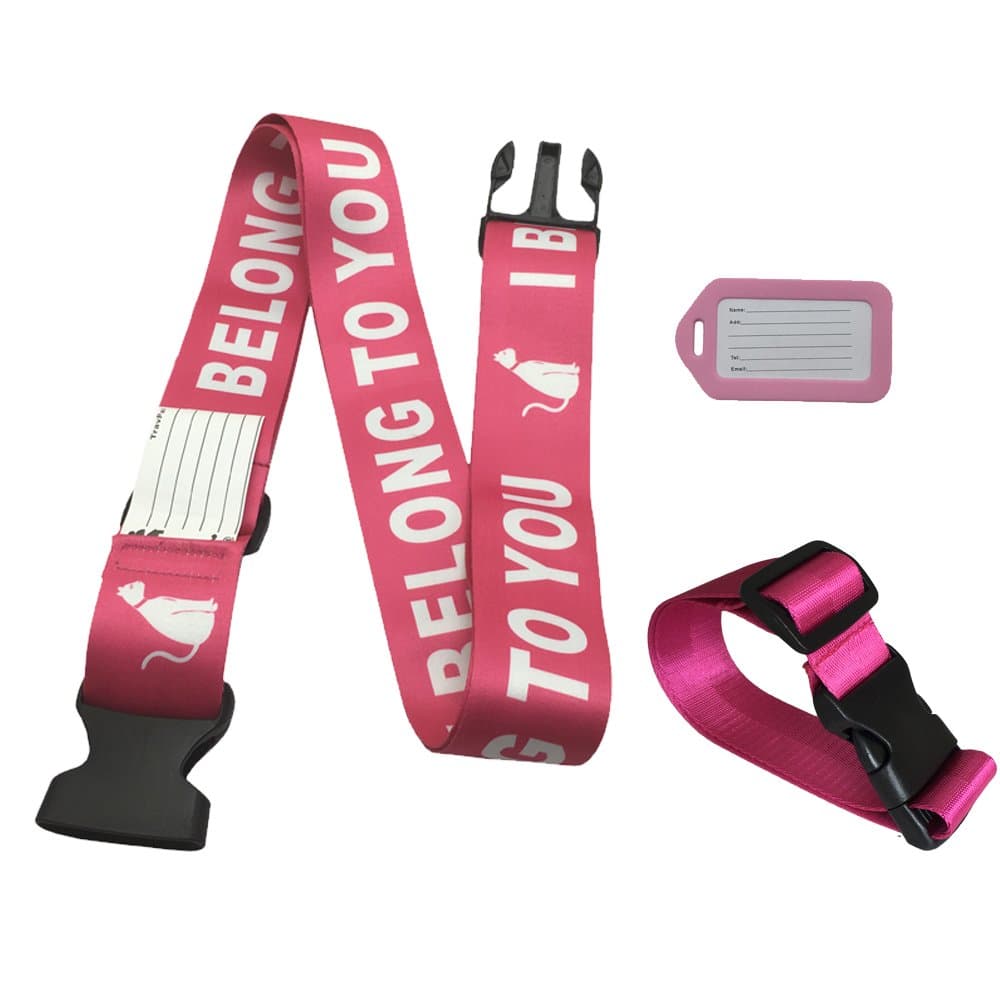 Travpal Adjustable Suitcase Belt Luggage Strap with Add A Bag Strap Luggage ID Tag (One Way 70", Pink&White_I Belong To You)
