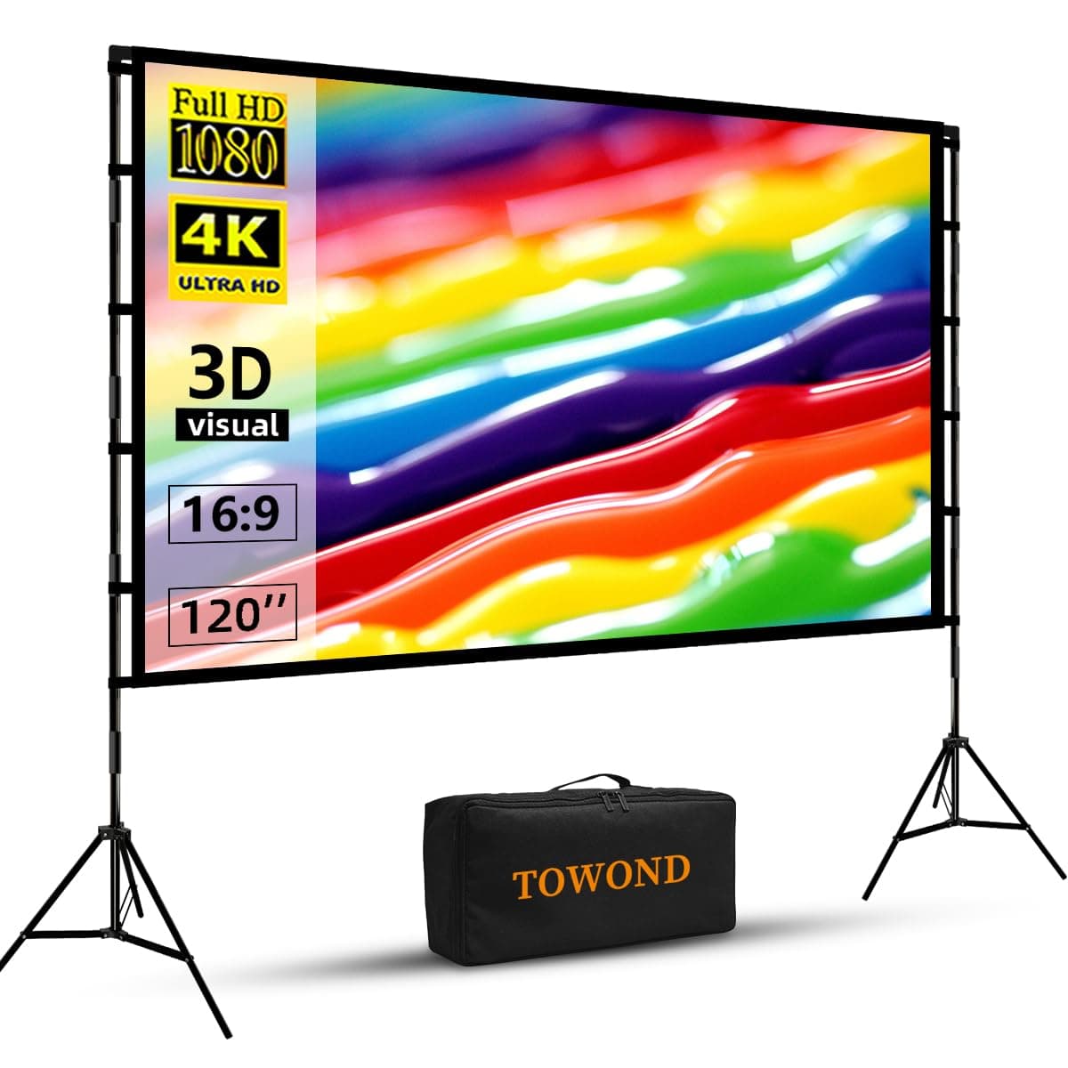 TOWOND Projector Screen and Stand, 120 inch Portable Projection Screen Indoor Outdoor Projector Screen 16:9 4K HD Wrinkle-Free Lightweight Movie Screen with Carry Bag for Backyard Movie Night
