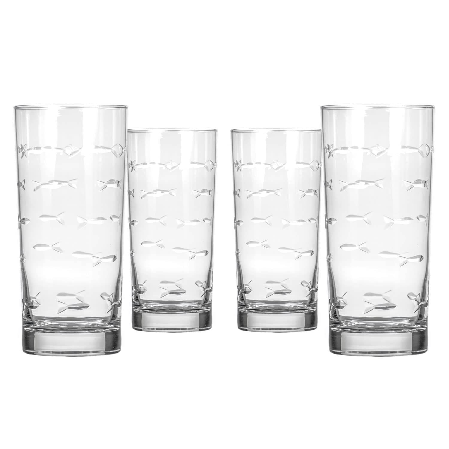 Rolf Glass School of Fish Highball Glass | Set of 4 15oz Cooler Glasses | Lead-Free Engraved Glass with Heavy Base | Proudly Made in the USA