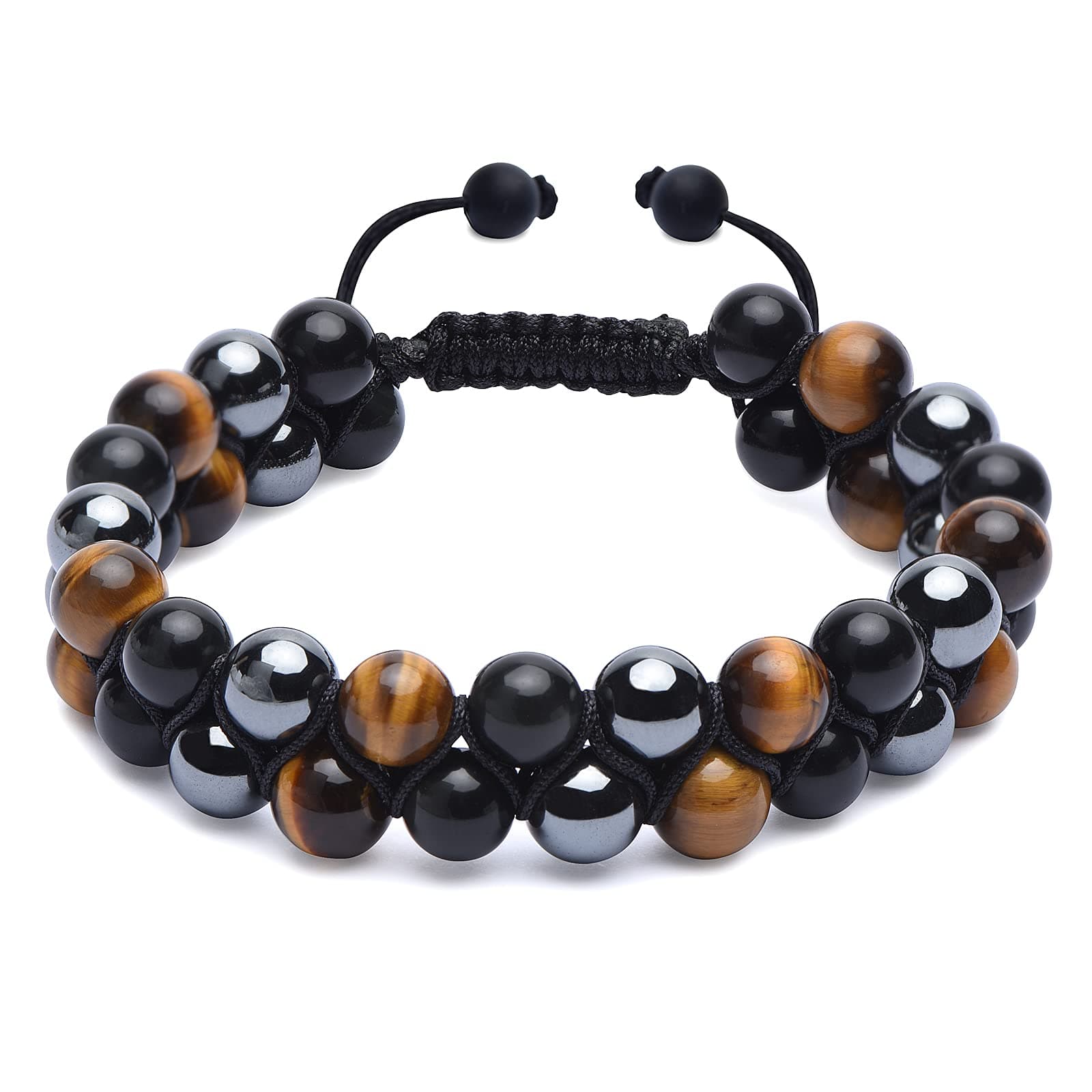 Triple Protection Bracelet for Men - Genuine Tigers Eye Black Obsidian Hematite 8mm Natural Stone Beads Stretchy Healing Crystal Jewelry, Anxiety Relief Energy, Ideal for Dad Husband Christmas Birthday