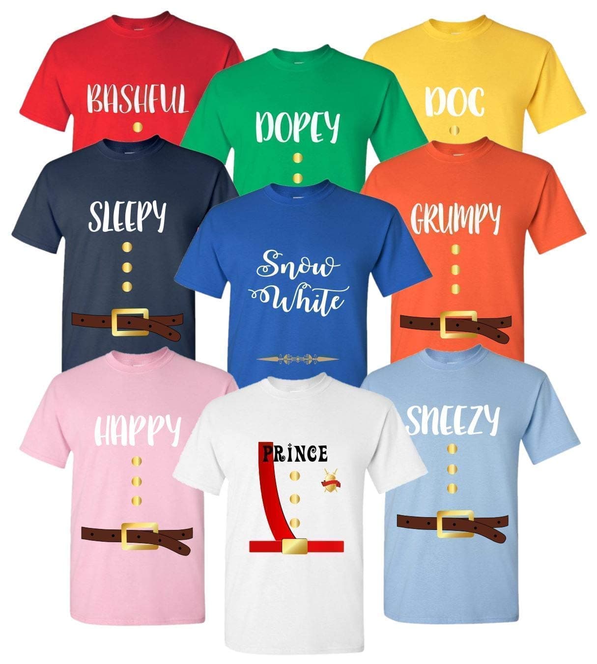 Halloween Shirts for 7 Dwarfs, Cosplay Costume for Seven Dwarfs T Shirt, Unisex Tee, Shirt for Kids, Family, Family Vacation Trip Shirts, Group Event, Group Matching Costume, Snow White