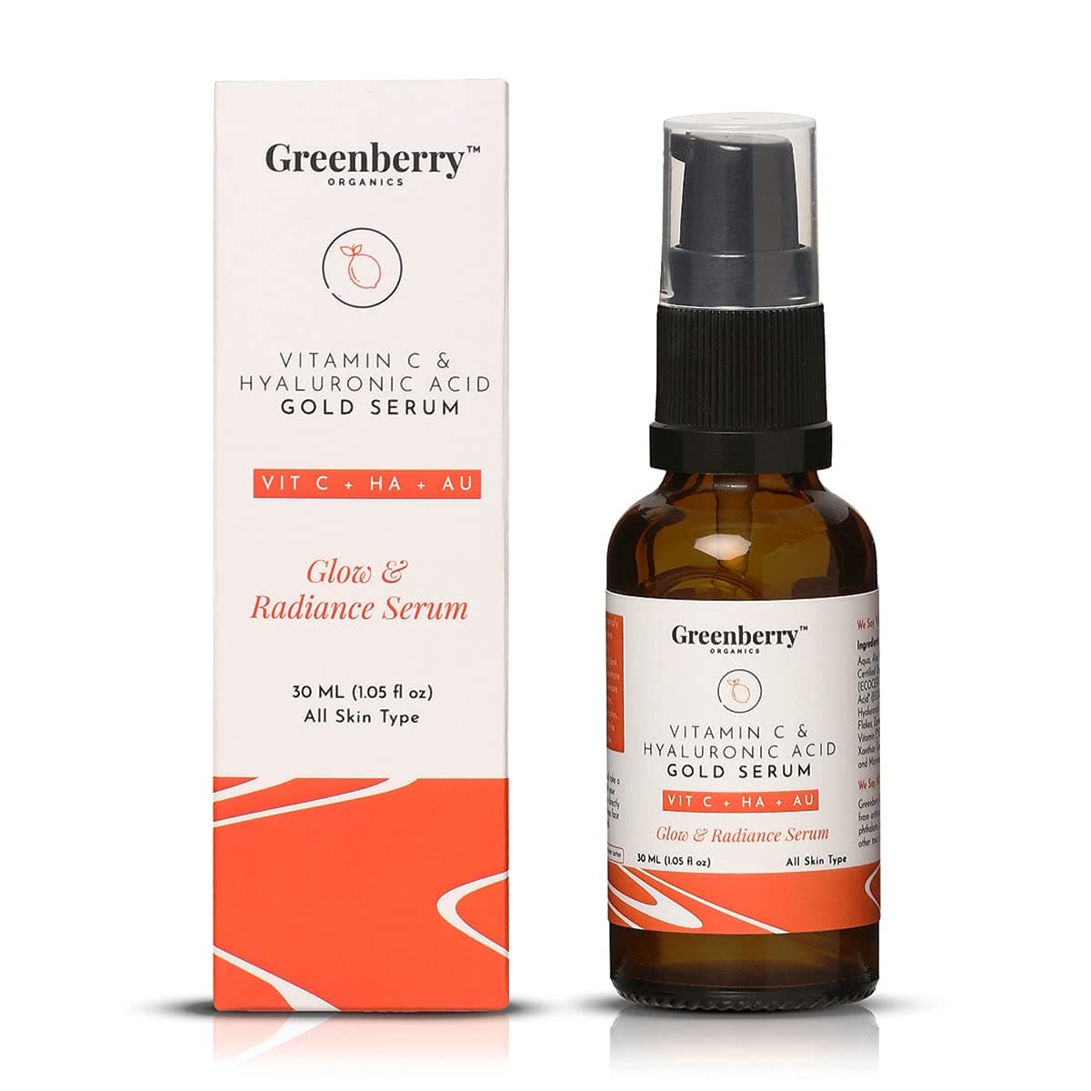 Greenberry Organics 7% Vitamin C, 5% Hyaluronic Acid, & 1% Gold Serum for Brightening, Glow & Radiance, Hydration, Moisturisation, 30 ML