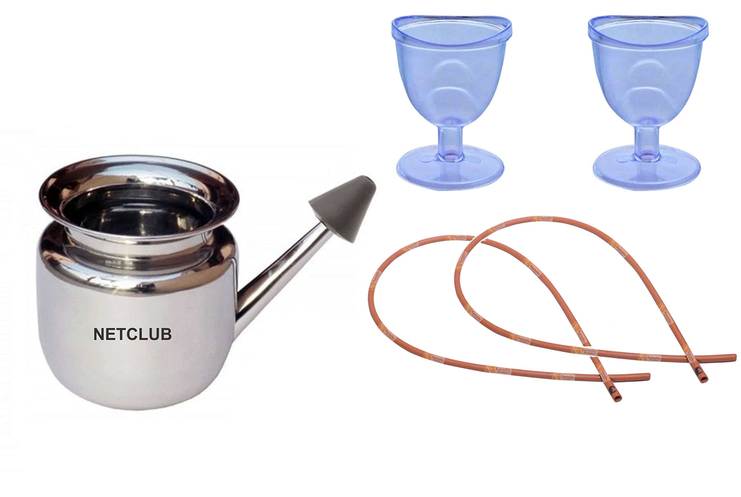 Accupressure Kit Stainless Steel Ayurvedic Jal Neti Pot with 2 Neti Thread Rubber sutra neti for yoga Nasal 2 eye wash cup sinus congestion & Nasal Cleaning Nostril saral yog Neti Thread Rubber Sutra