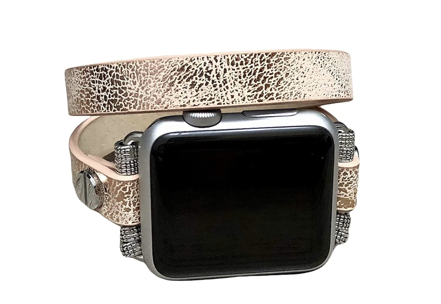 Double Wrap Sand Gold Vegan Leather Bracelet For Apple Watch 38mm 40mm 41mm 42mm 44mm 45mm Handmade Unique Fashion Design iWatch Band Adjustable Size Luxury Wristband