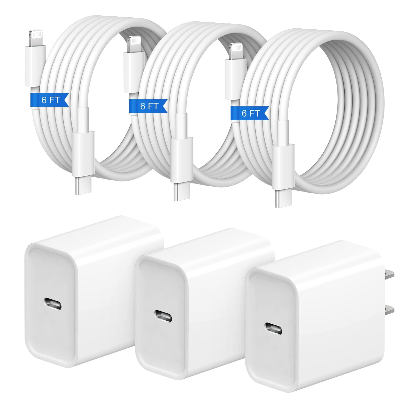 iPhone Fast Charger 3+3Pack 20W USB C Wall Charger with 6FT Fast Charging Cable Compatible with iPhone 14/13/12/11/Pro/Pro Max