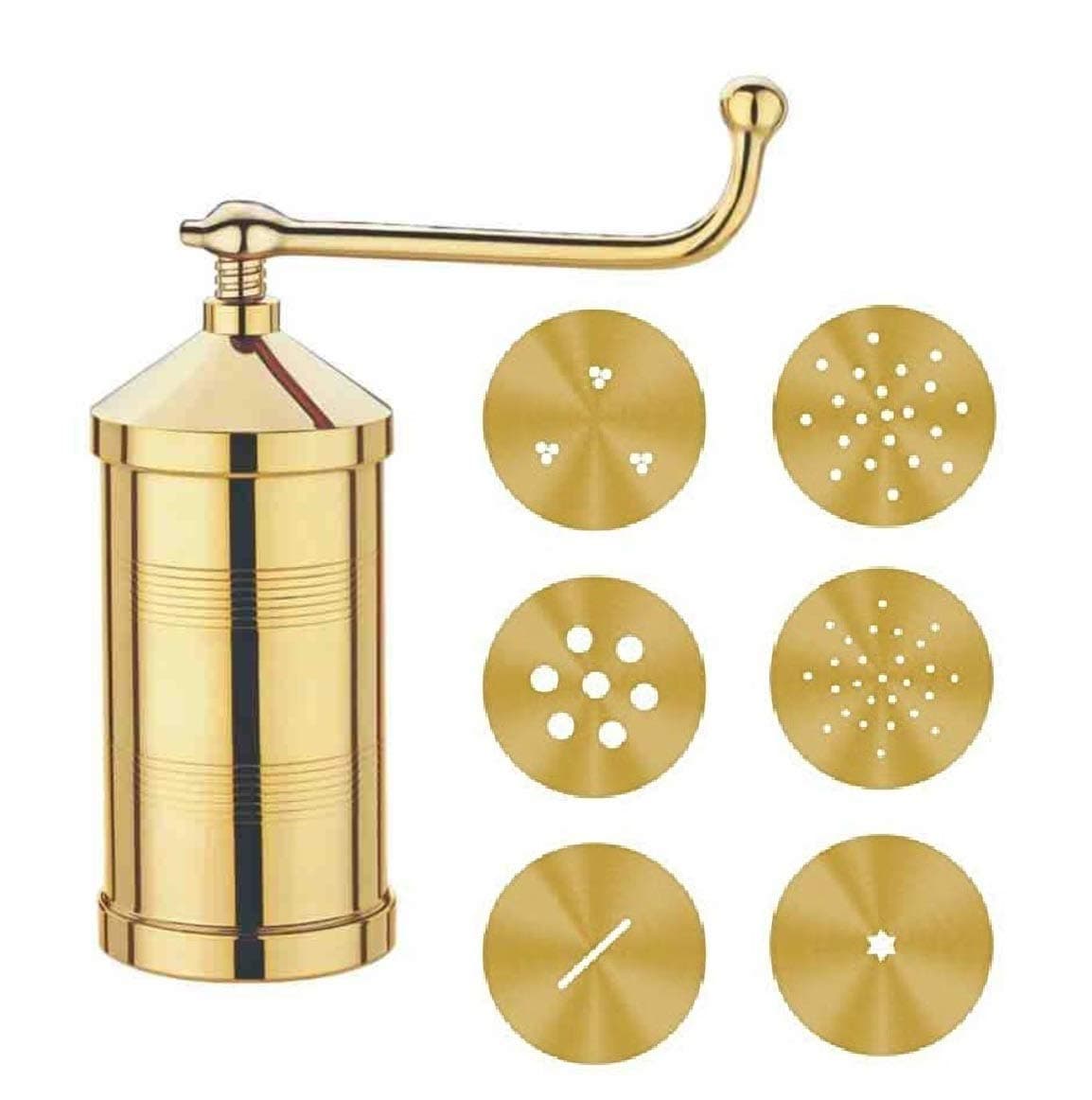 Whizzo Pure Brass 450gm Sev Sancha Machine with Free 6 Different Jali for Making Different Types of Sevaiya, Sev, Gathiya Murukku, Chakli, Bhujia Etc (Brass)
