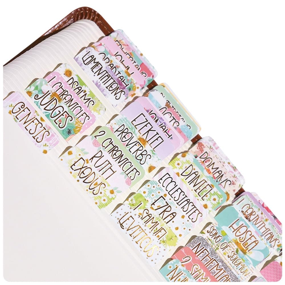 Idyllic Grace - Bible Tabs, Gold Foil Lettering, Study Tool, Bible Journaling, Old and New Testament, Christian, Catholic, Apocrypha, Index Tabs, 90 Tabs, Glossy Laminated, Durable - Bloom with Grace