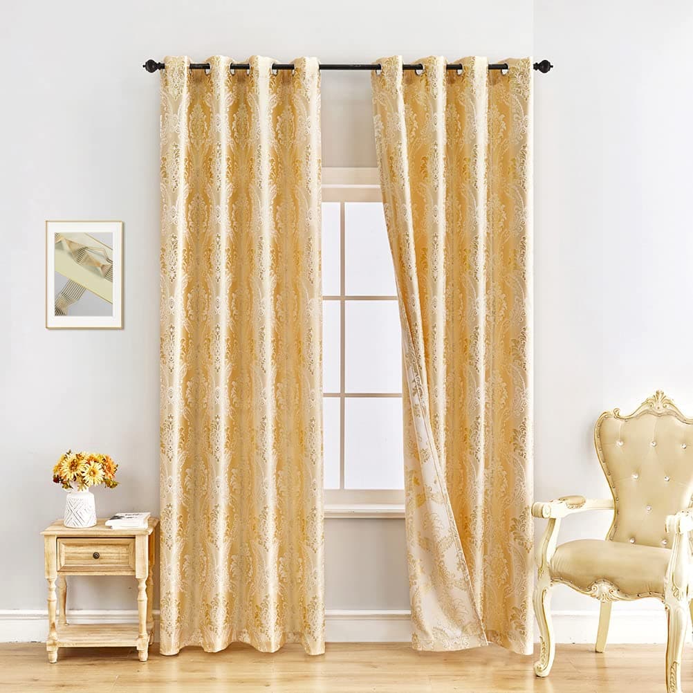 Jacquard Luxury Gold Curtains Drapes Window Curtains for Living Room Bedroom Curtain,Grommet Top,2 Panles (Damask-Golden, 52" W x 84" L)