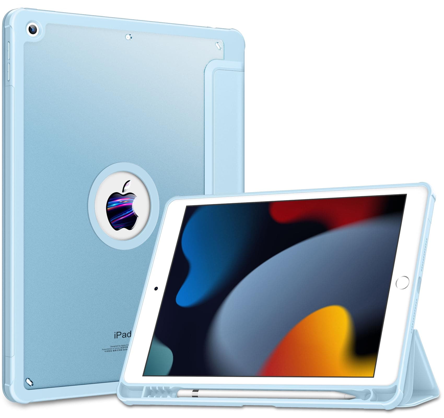 DTTOCASE Case for iPad 9th / 8th / 7th Generation 10.2 inch Released in 2021/2020/2019, Matte Slim Hard Back, Soft TPU Frame, Pencil Holder and Auto Sleep/Wake Cover for iPad 9/8/7 Gen - Light Blue