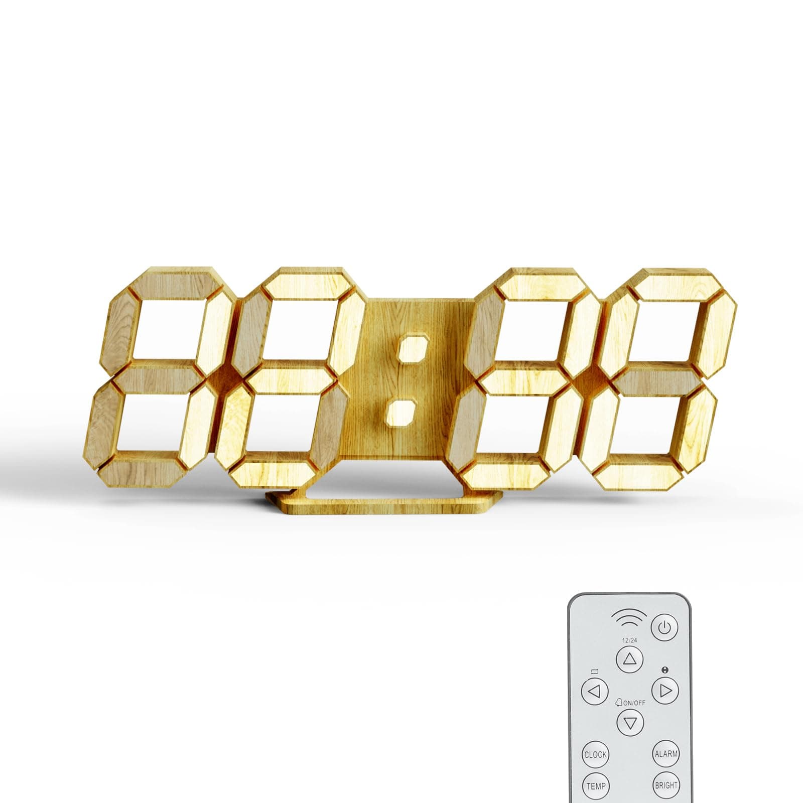 KOSUMOSU LED Clock 9.7" Wood Grain Clock for Bedroom with Remote, Date, 12h 24h,Temp, Digital Wall Clock for Living Room Decor Kitchen Clock for Desk