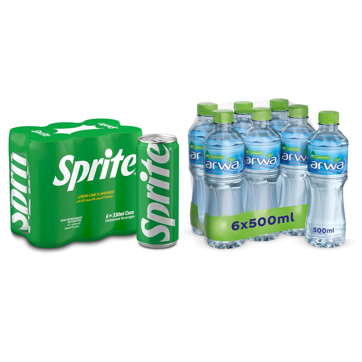 Soft Drink In Can, 330 Ml (Pack Of 6) + Arwa Drinking Water, 500 Ml (Pack Of 6)