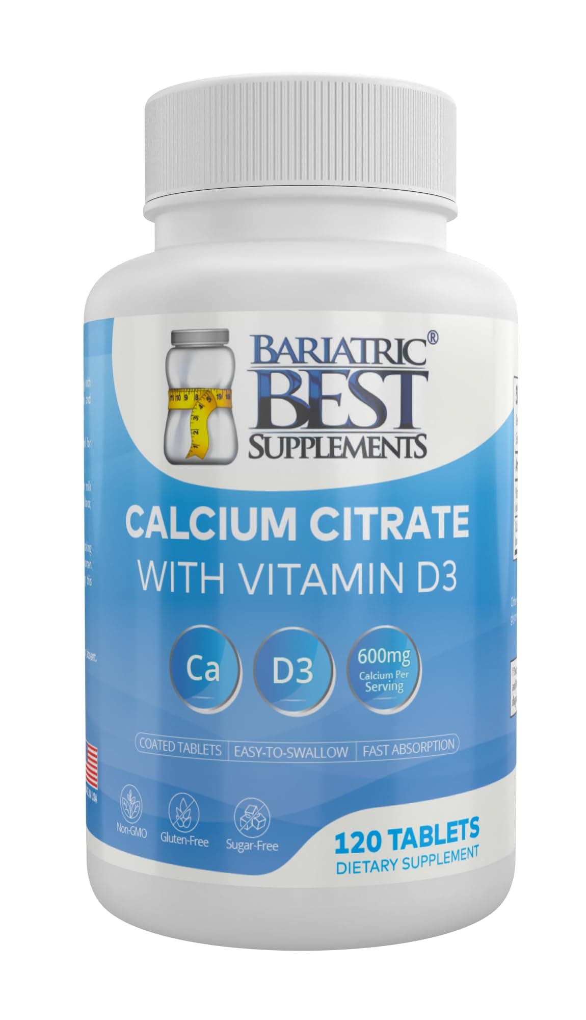 Calcium Citrate with Vitamin D3 – for Post- Surgery - Easily Dissolvable Formula for Fast & Effective Absorption - Made in The USA - 600mg, 120 Tablets per Bottle