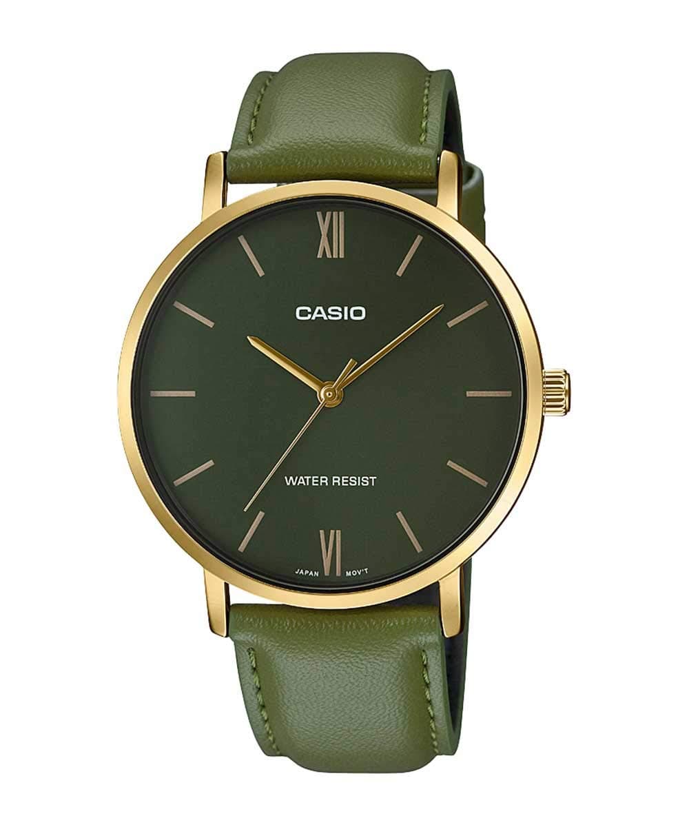 Men's Analog Quartz Watch with Leather Strap MTP-VT01GL-3BUDF (A1782), Green, Strap