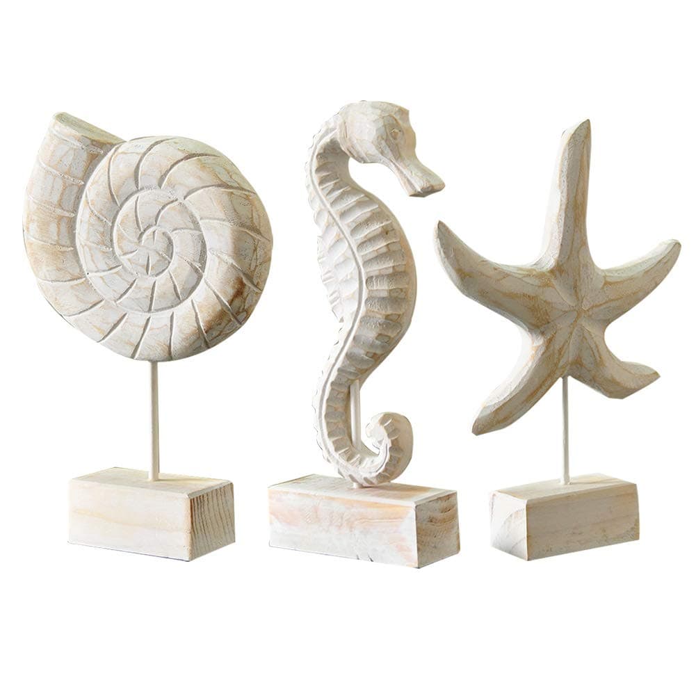 3pcs Wood Handmade Beach Nautical Style Figurines Starfish/Conch/Seahorse Statue Home Decor