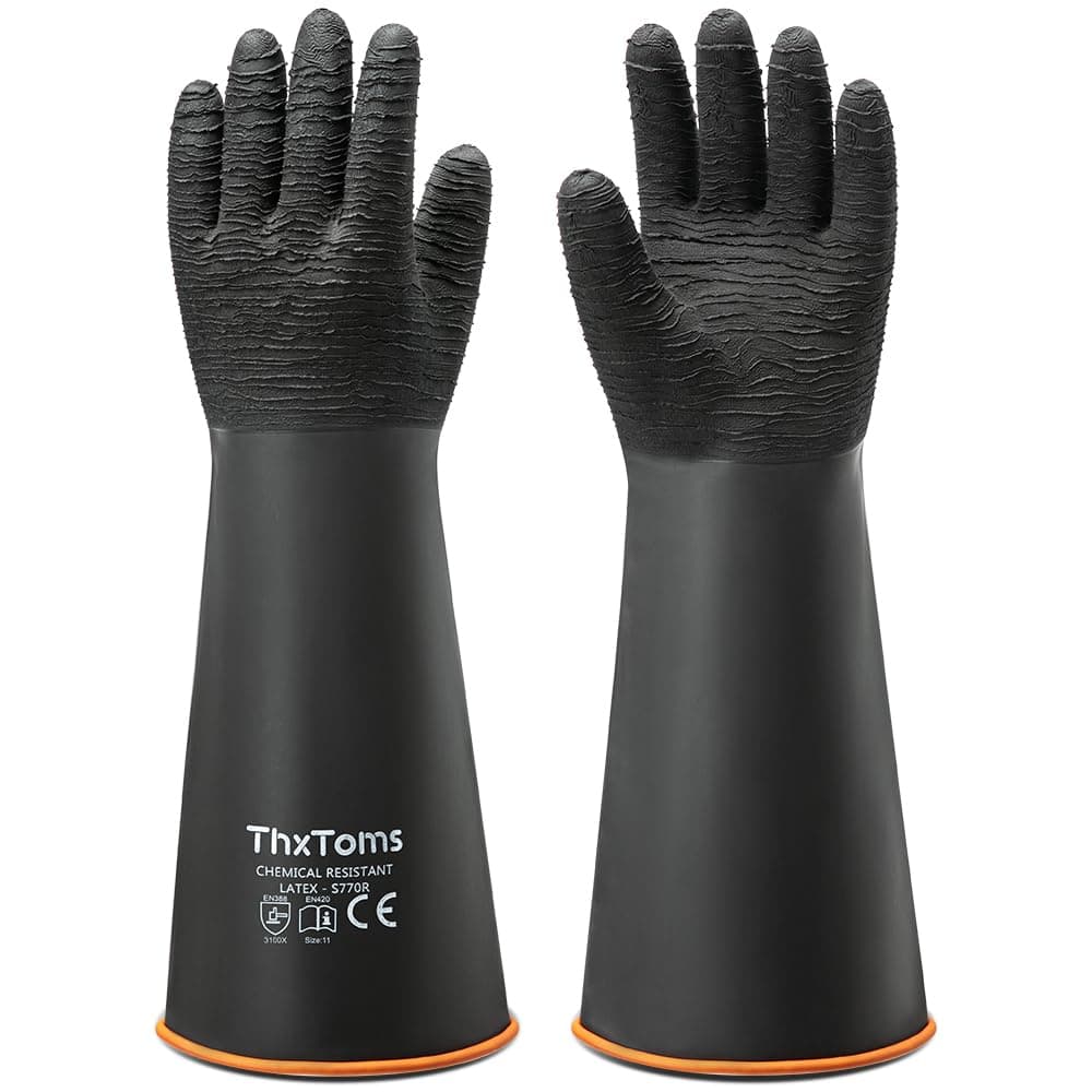 ThxToms Heavy Duty Rubber Gloves, Industrial Chemical Resistant Gloves Waterproof Reusable Protective Work Gloves for Cleaning, Dishwashing,Upgraded with Non-Slip Design, Black, 18" 1 Pair