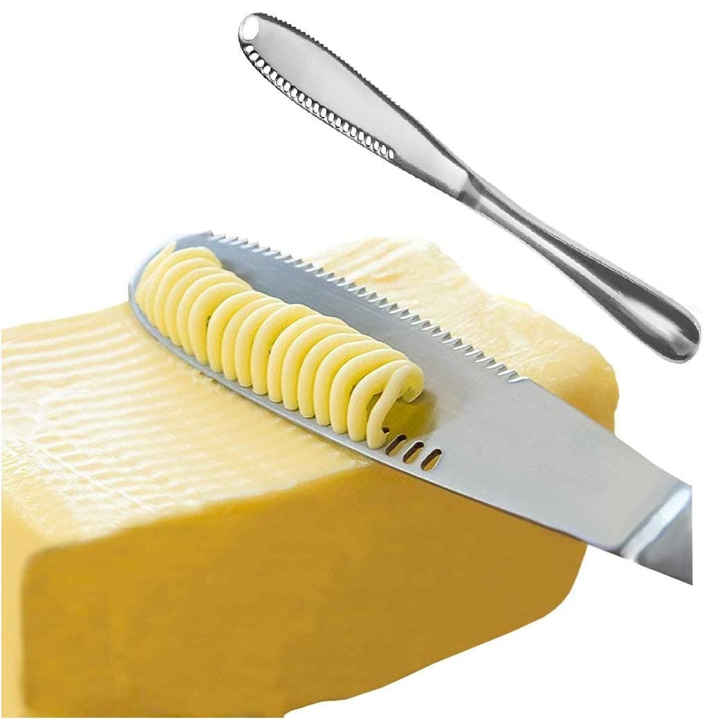 Butter Knife, 3 in 1 Stainless Steel Spreader Serrated Edge Shredding Slots Easy to Hold for Bread Butter Cheese Jam Slicer