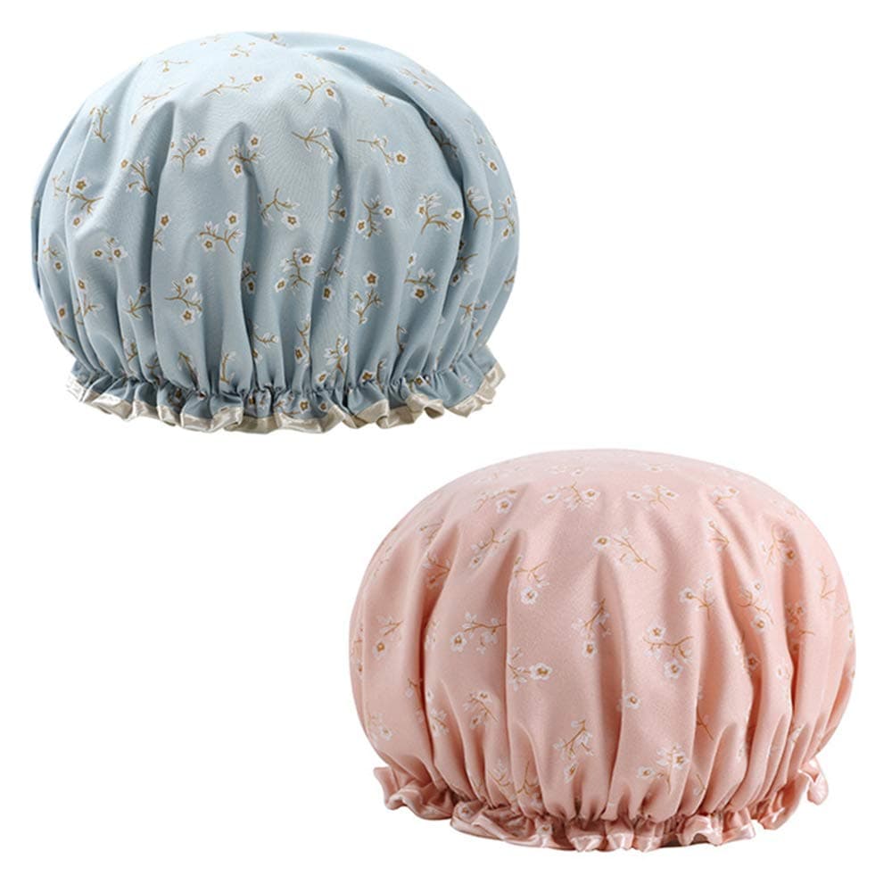 Hair Hood Shower Cap Elastic Bathing Hats Large Shower Caps Double Layer Ladies Elastic Waterproof Shower Cap Women Waterproof Reusable Bath-Hat Elastic Cap With Elastic Band For Shower Spa Salon 2pcs