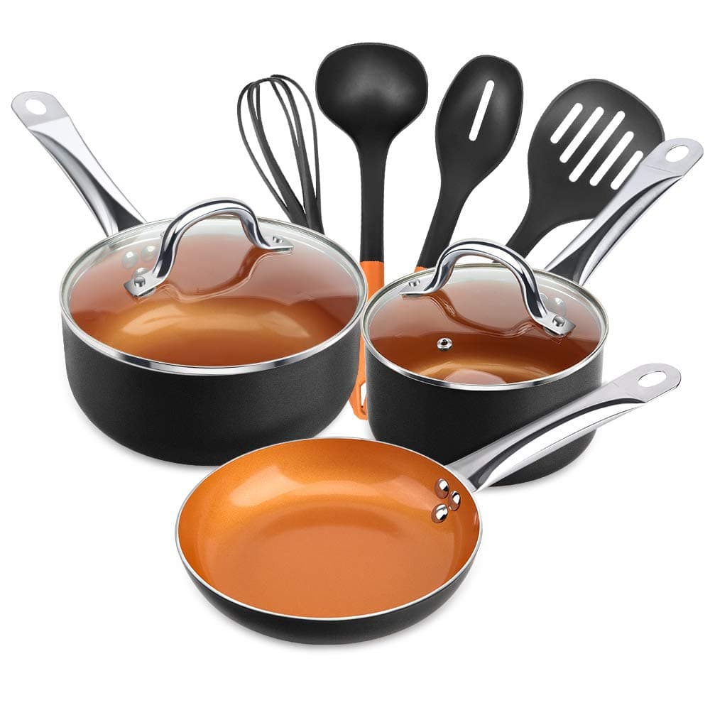 SHINEURI 9 Pieces Copper Nonstick Pots Pans Ceramic Cookware Set Copper Pots and Pans Nonstick Cookware, 4 Set Cooking Utensils