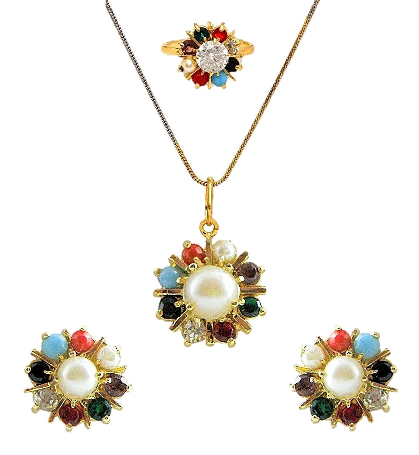 Navratan Gold Plated Pendant Necklace Set with Earrings, Ring, Chain for Women(Multicolour)