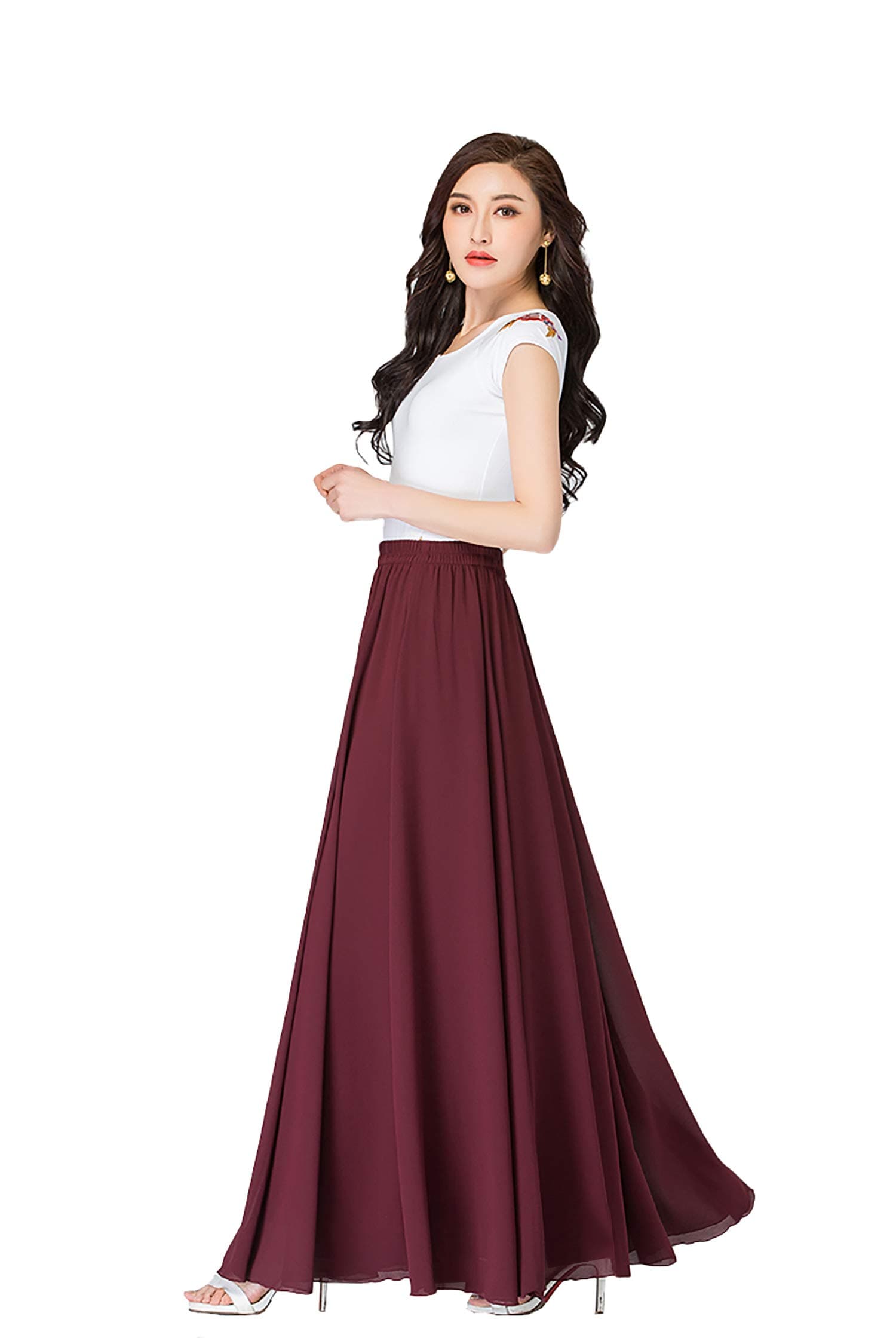 Summer Chiffon High Waist Pleated Big Hem Floor/Ankle Length Beach Maxi Skirt for Women Wedding Party Long Skirts(Large/Dark Red)