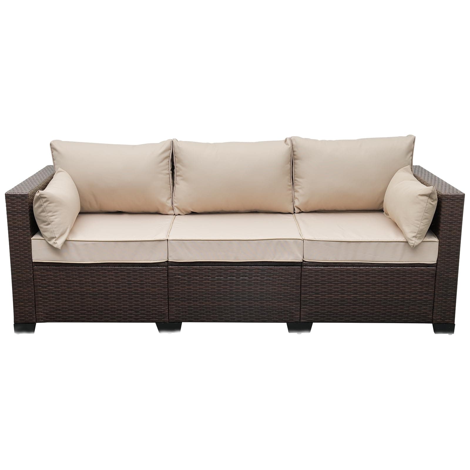 WAROOM Patio Couch PE Rattan 3-Seat Outdoor Sofa Brown Wicker Furniture Set Deep Seating with Anti-Slip Beige Cushion