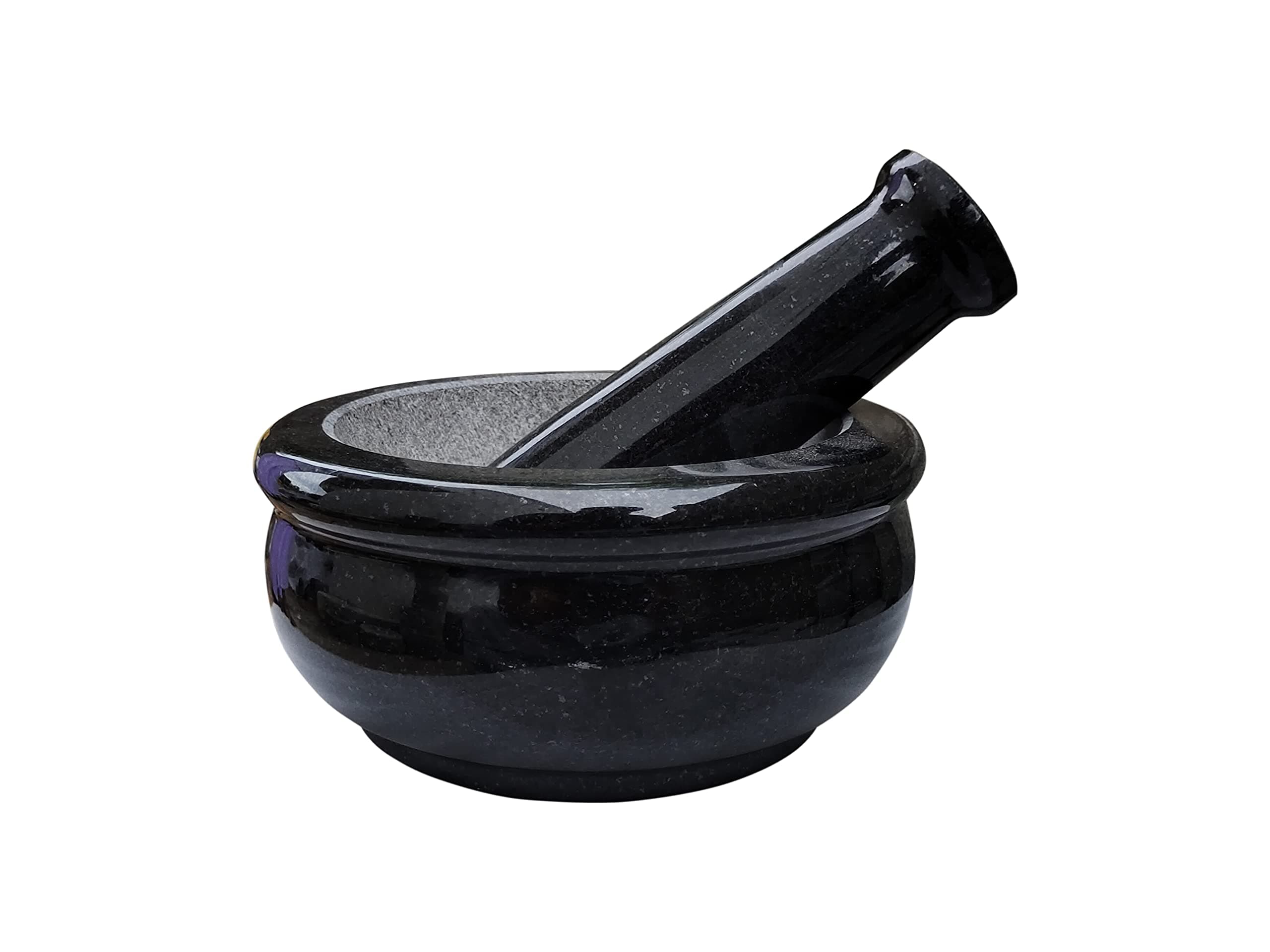 Black Granite Stone Mortar and Pestle Set (6 inch) for Spices, Okhli Musal, Herb, Well Design for Kitchen and Home Natural & Traditional Grinder Large Size