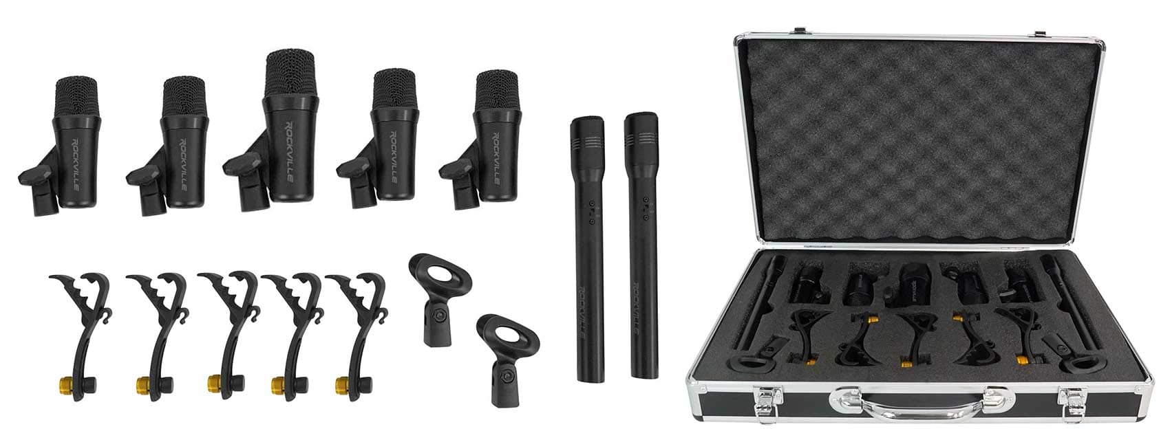 Rockville PRO-D7 KIT 7-Mic Drum Microphone Set, 1 Bass, 4 Snare, 2 Overhead Condenser Mics, All-Metal Build, Includes Clips and Case, for Studio and Live Drum Recording