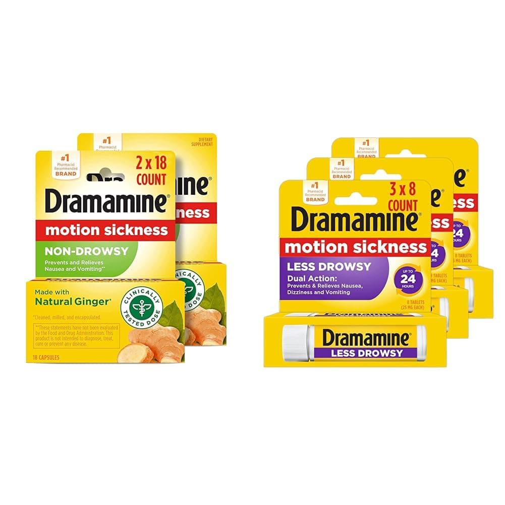 Motion Sickness Relief, Non-Drowsy Ginger Capsules, 18 Count, 2 Pack + Less Drowsy Tablets, 8 Count, 3 Pack