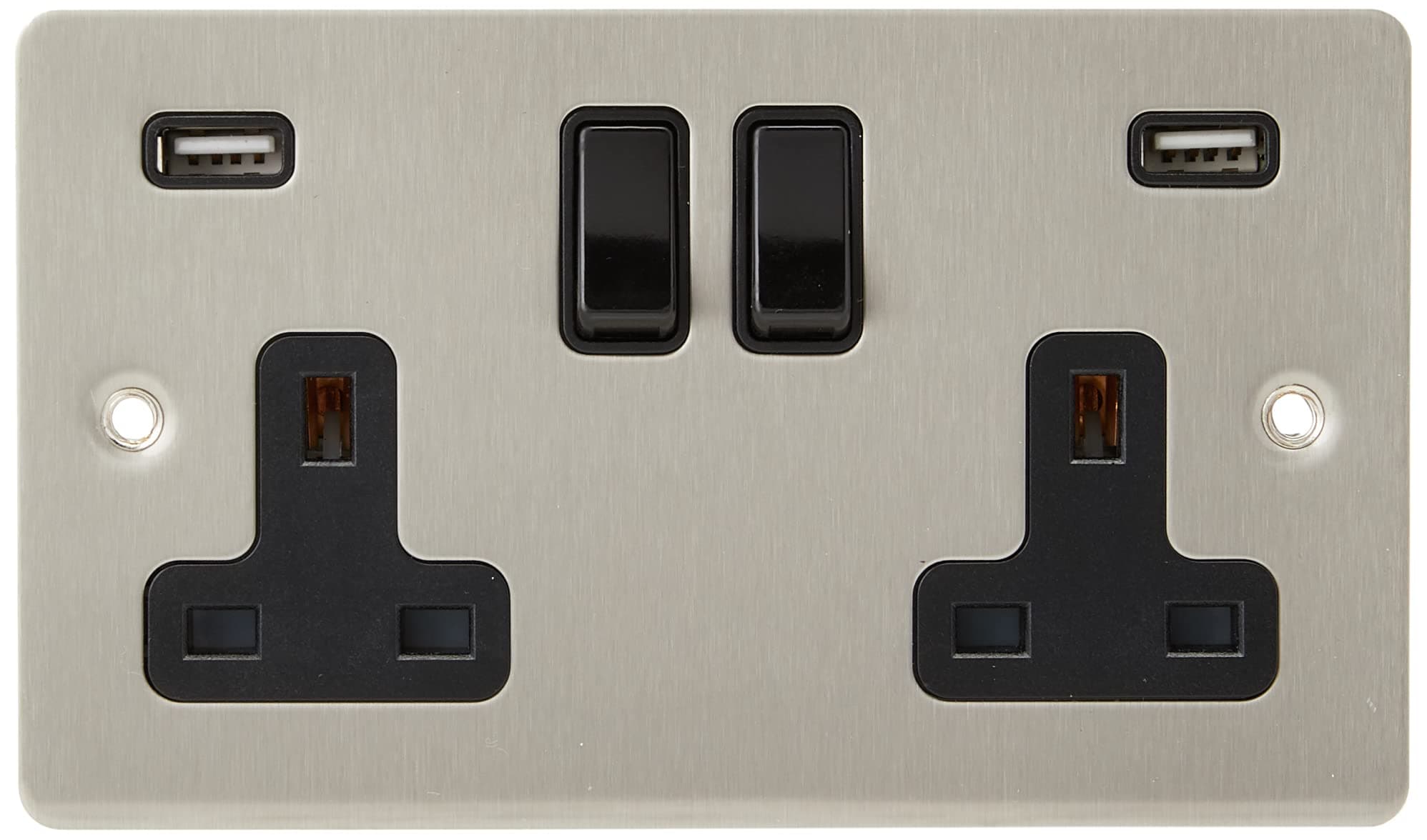 AET USBFSC2GSOCBL Satin Chrome Flat 2 Gang w Charging Ports Black Insert Plastic Rocker Switches-13 Amp Double Plug Socket & Dual USB Power Outlet