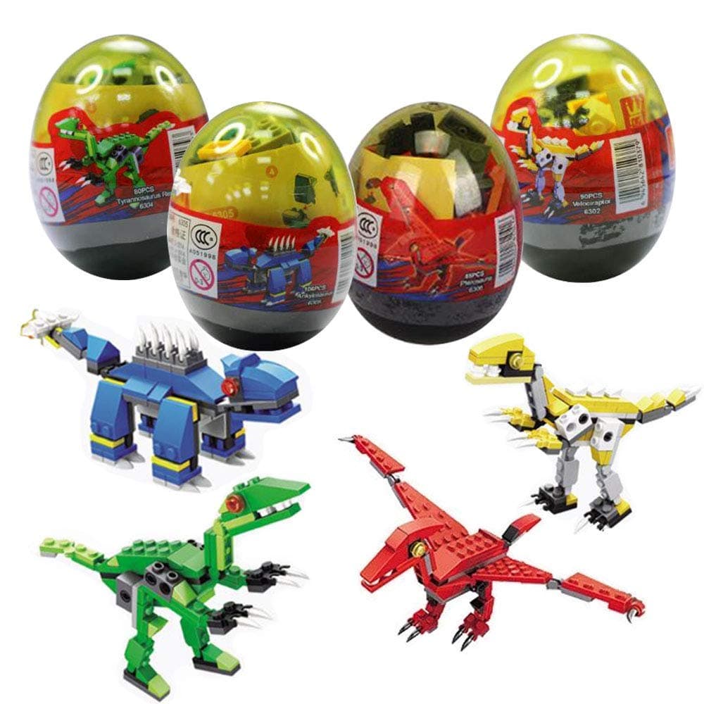 Anditoy 4 Pack Dinosaur Building Blocks Toys in Jumbo Eggs for Kids Boys Girls Easter Basket Stuffers Fillers Gifts Party Favors