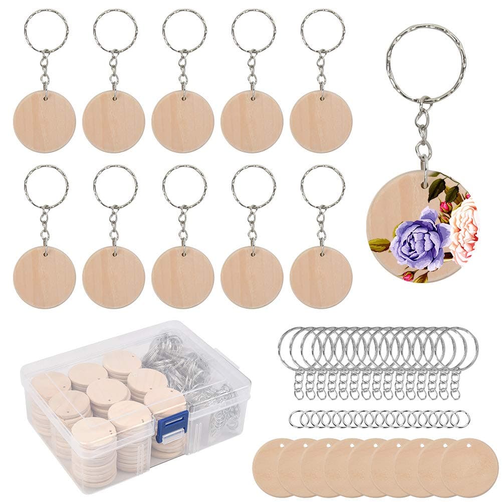 100Pcs Natural Wood Slices, 35mm Unfinished Predrilled Log Discs Wooden Circles with 100Pcs Key Rings and a Box for DIY Crafts, Unfinished Round Circles for Christmas Decorations Ornaments