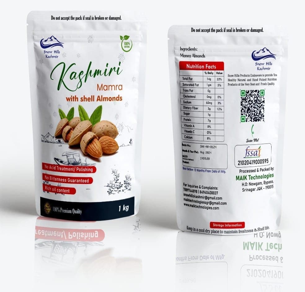 Snow Hills Kashmir Premium Kagzi Mamra Almonds - 3kg | Soft Shell, Easy to Break | 100% Pure, Organically Cultivated | High Oil Content, Rich in Antioxidants | Boost Brain Power and Stamina | With Shell, Crack and Enjoy