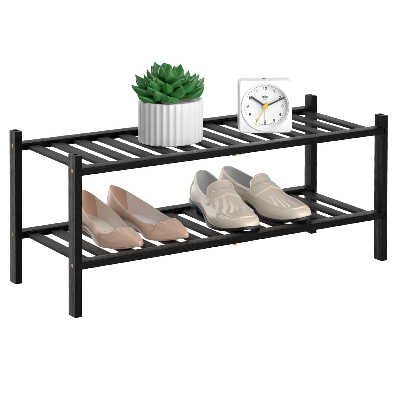 2 Tier Bamboo Shoe Rack for Closet Free Standing Wood Shoe Shelf Storage Organizer for Entryway Small Space Stackable, Black