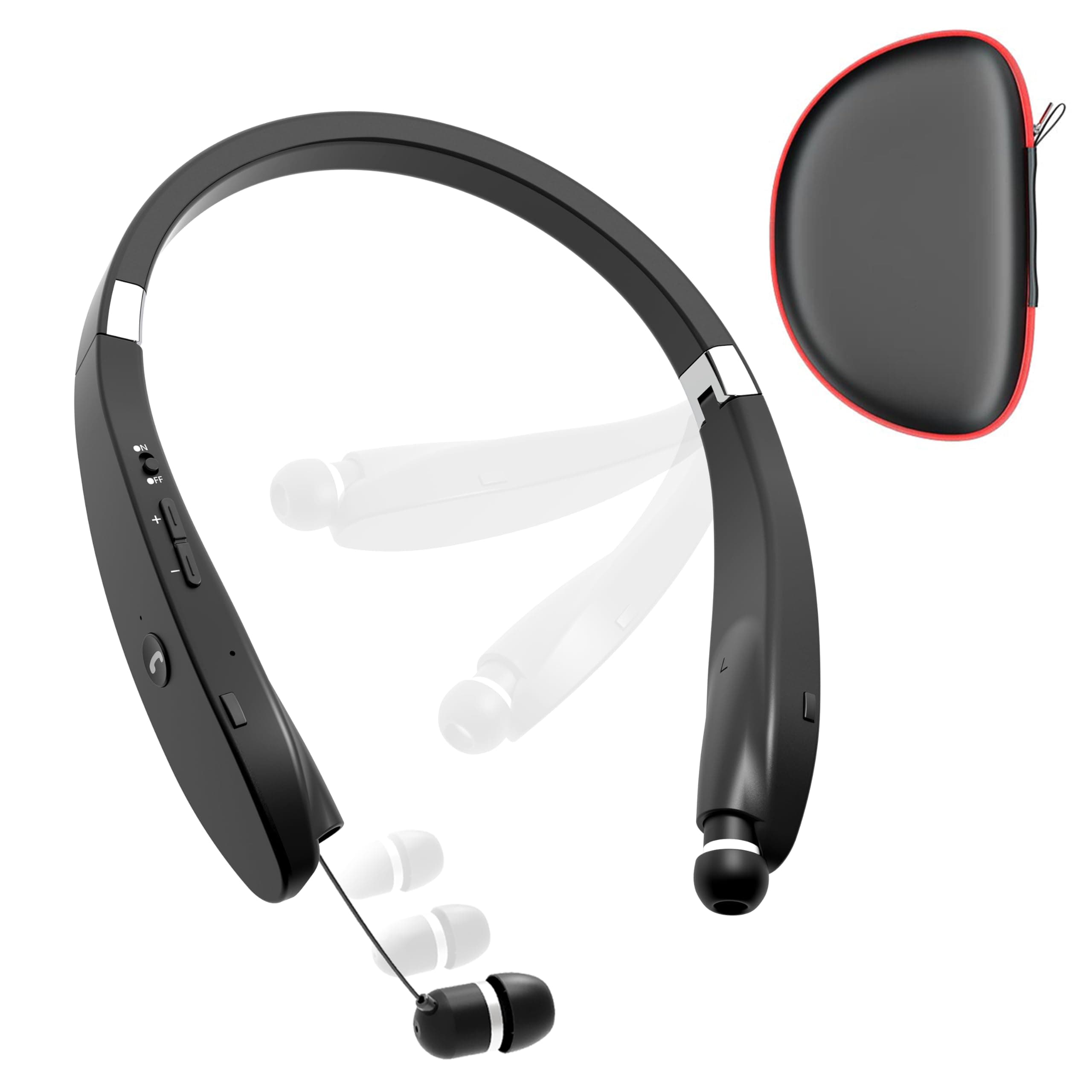 Bluetooth Neckband Headphones, Foldable Wireless Lightweight Neck Headset with Retractable Earbuds, Noise Cancelling Sweatproof Stereo Earphones with Mic & Carrying Case (Black)