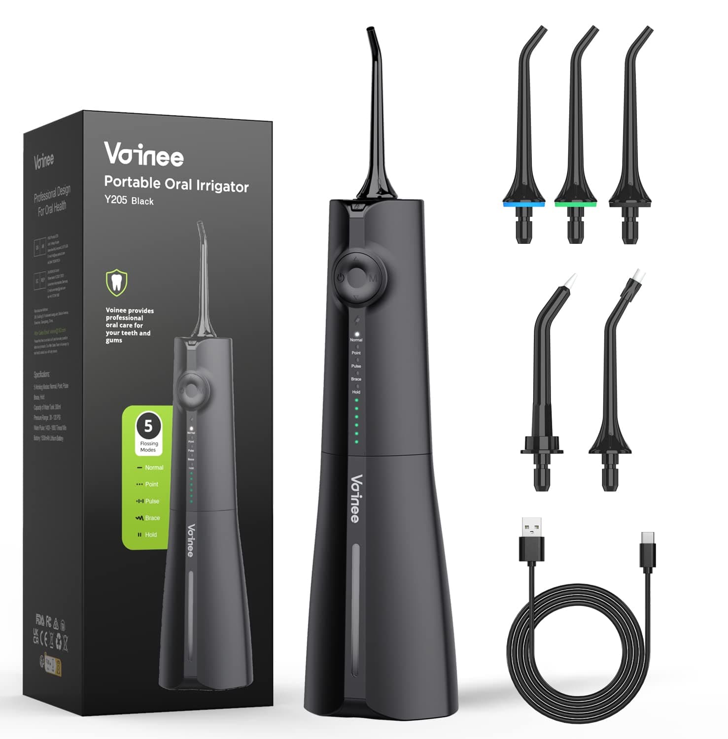 Voinee Portable Cordless Dental Flosser with 5 Professional Clean Modes, 6 Levels Pulse Pressure, IPX7 Waterproof, 230ml Tank and 5 Jet Tips, Professional Oral Care -Black