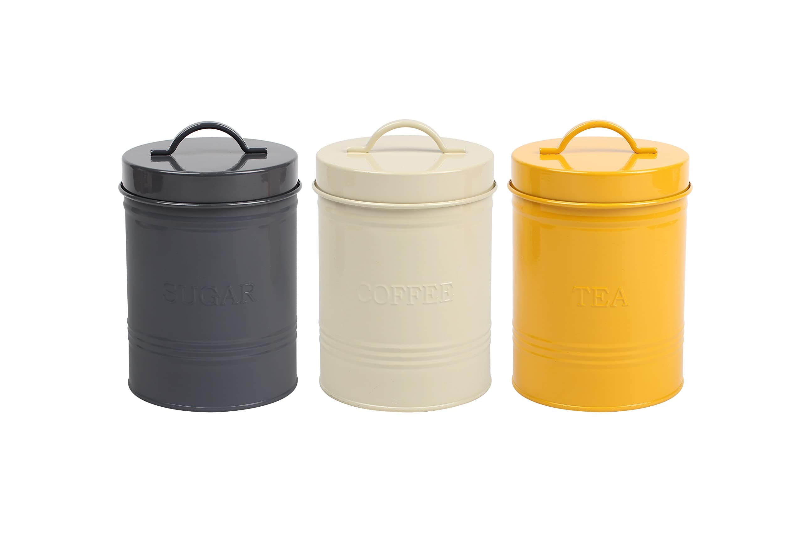Muddy Hands Set of 3 - Cream, Grey & Mustard Vintage Metal Kitchen Canister Set with Lid - Storage Containers for Coffee Sugar Tea