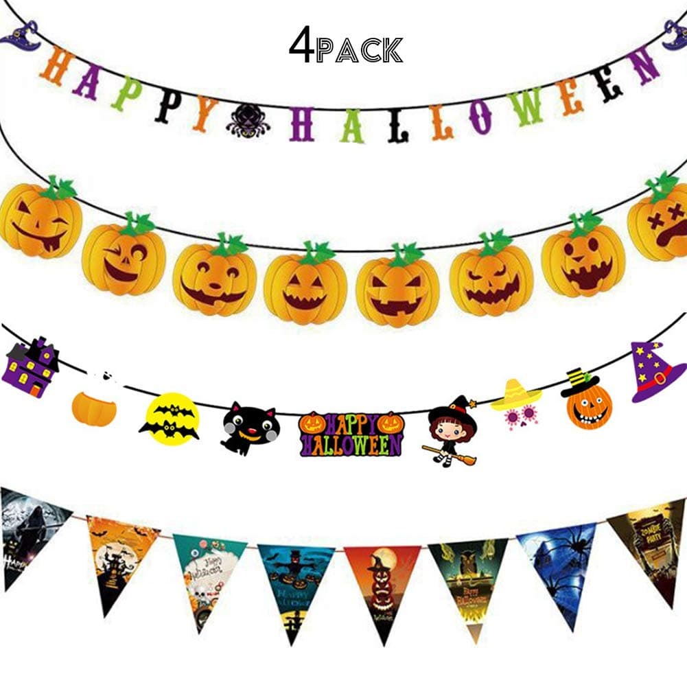 Glory Island 4 PACK Hanging Happy Halloween Banners, Colorful Letter Flag Witch Pumpkin Banners for Home, School and Halloween Theme Party Decorations