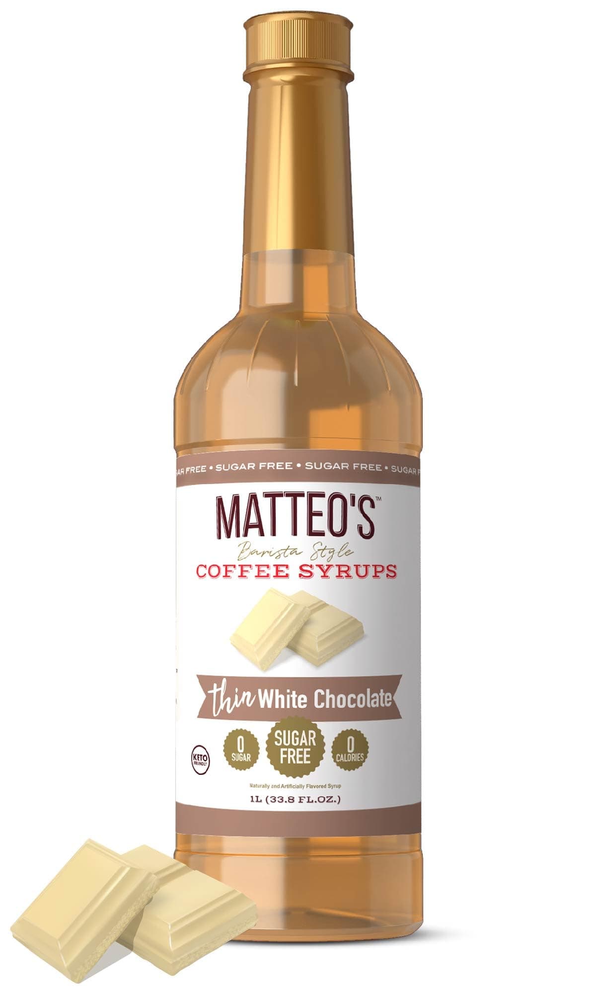 Matteo's White Chocolate Syrup for Coffee, Lattes, Cappuccinos & Desserts – Sugar-Free Sweetener for Beverages, Keto Friendly, Zero Calories, Indulgent Flavor, Non-Alcoholic, 33.8oz (1pk)