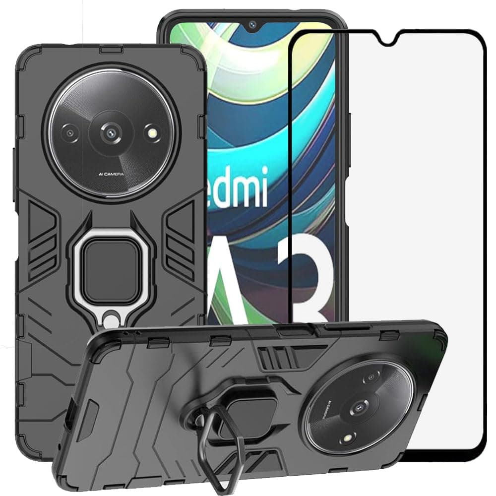 for Xiaomi Redmi A3 4G 6.71" Case, 2 in 1 Hybrid Heavy Duty Armor Shockproof Defender Kickstand Dual Layer Bumper Hard Back Case Cover Tempered Glass Screen Protector，Black