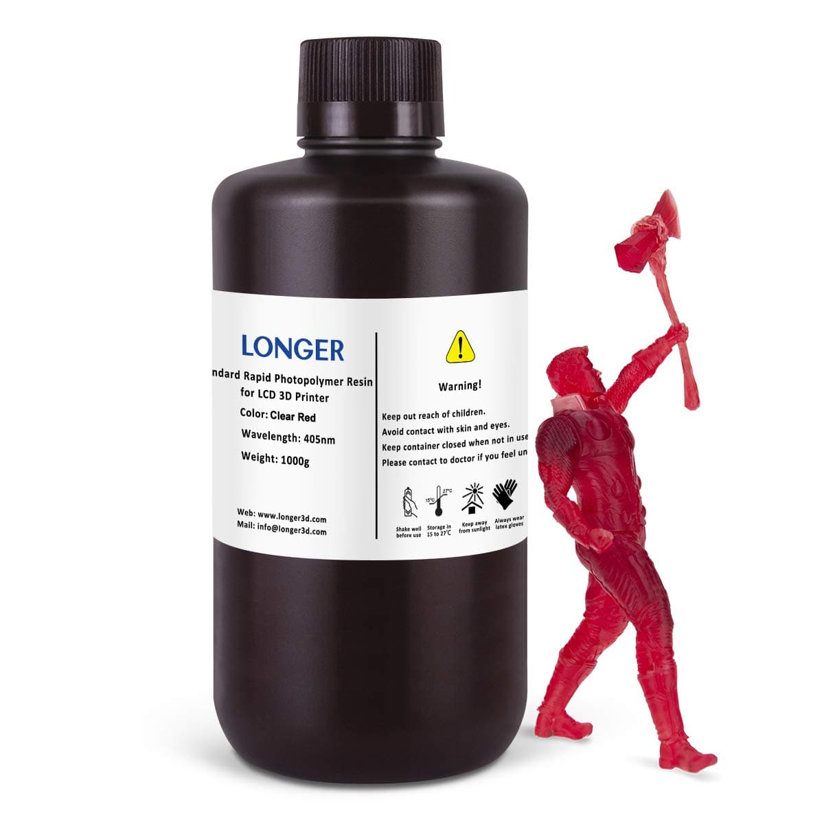 LONGER 3D Printer Resin, 405nm Standard Rapid Photopolymer Resin for DLP/LCD 3D Printing, High Precision & Quick Curing & Excellent Fluidity & Easy to Clean (Transparent Red, 1000ml)