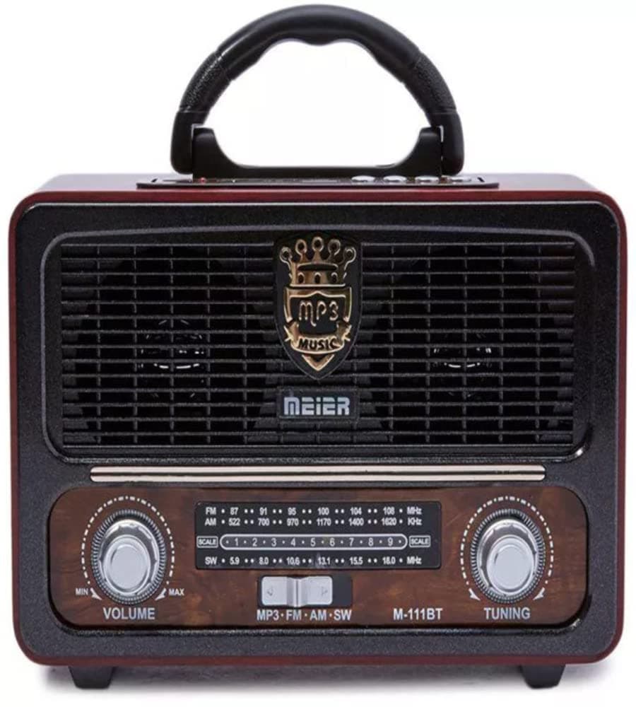 MEIER M-111BT Retro Wooden Bluetooth Radio – Portable AM/FM/SW Radio with USB/SD/TF/AUX, MP3 Playback, Remote Control – Vintage Style, Battery Powered (Brown)